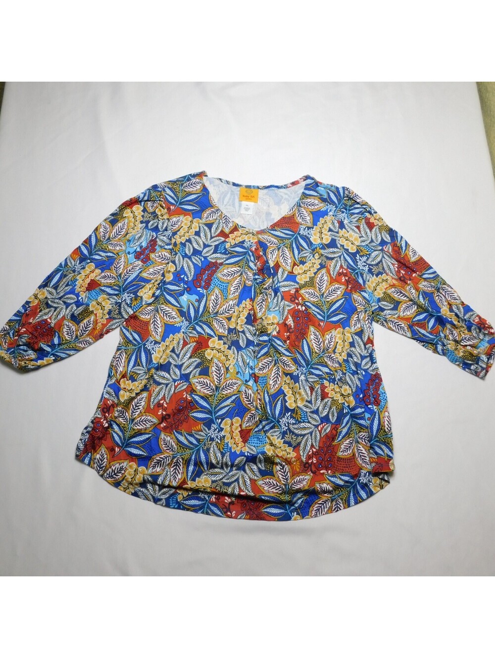 Ruby Rd. Petite Size PL Blouse Blue Yellow Floral Paisley 3/4 Sleeve Rayon Stret